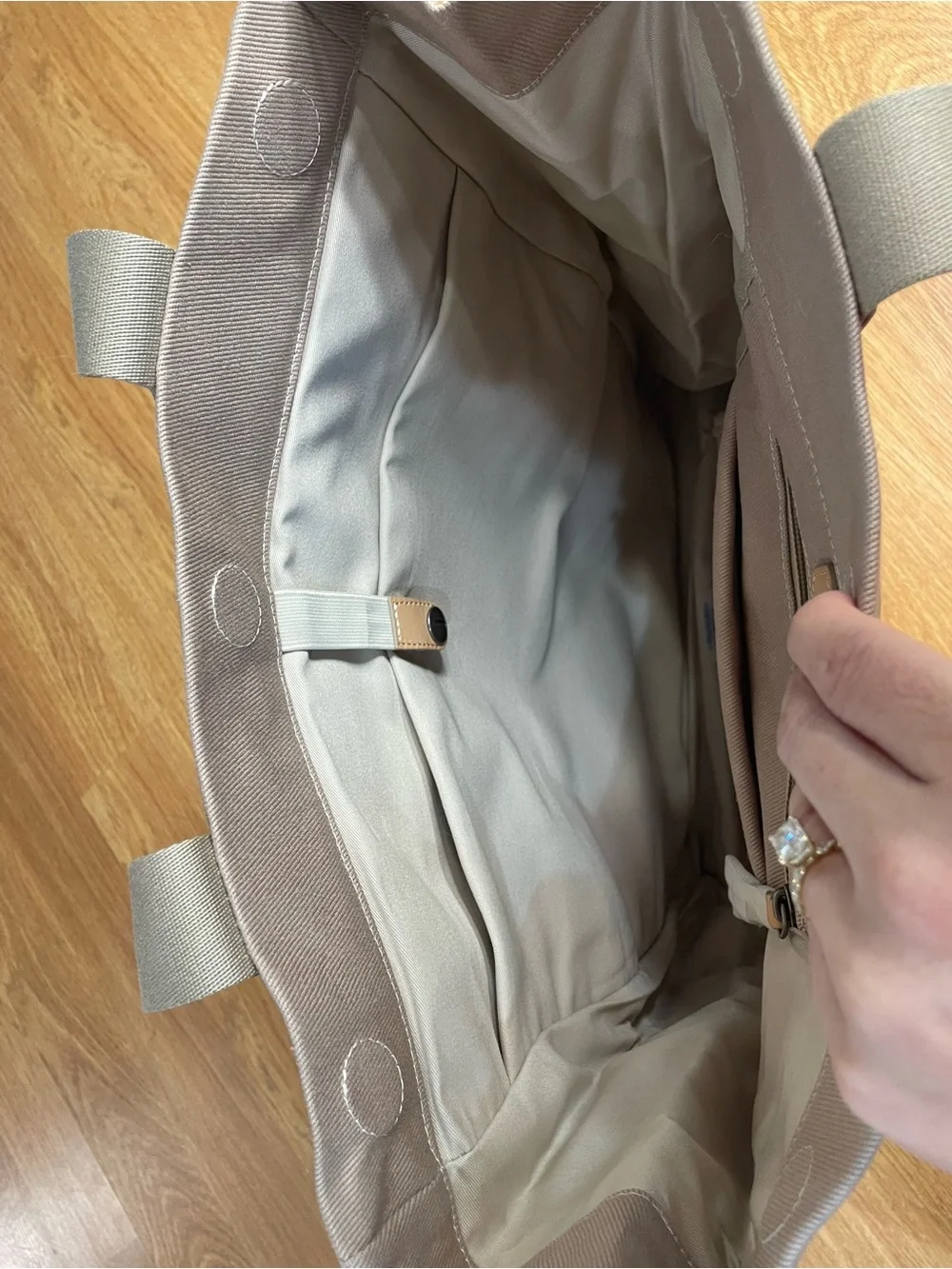 July Daybreak Taupe Beige Canvas Laptop Tote with Tan Accents